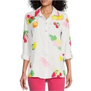 1036 John Mark Women's Embroidered Fruit Print Linen Blouse Size XS White NWT